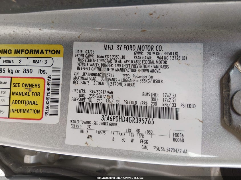 2016 Ford Fusion Se VIN: 3FA6P0HD4GR395765 Lot: 44869050