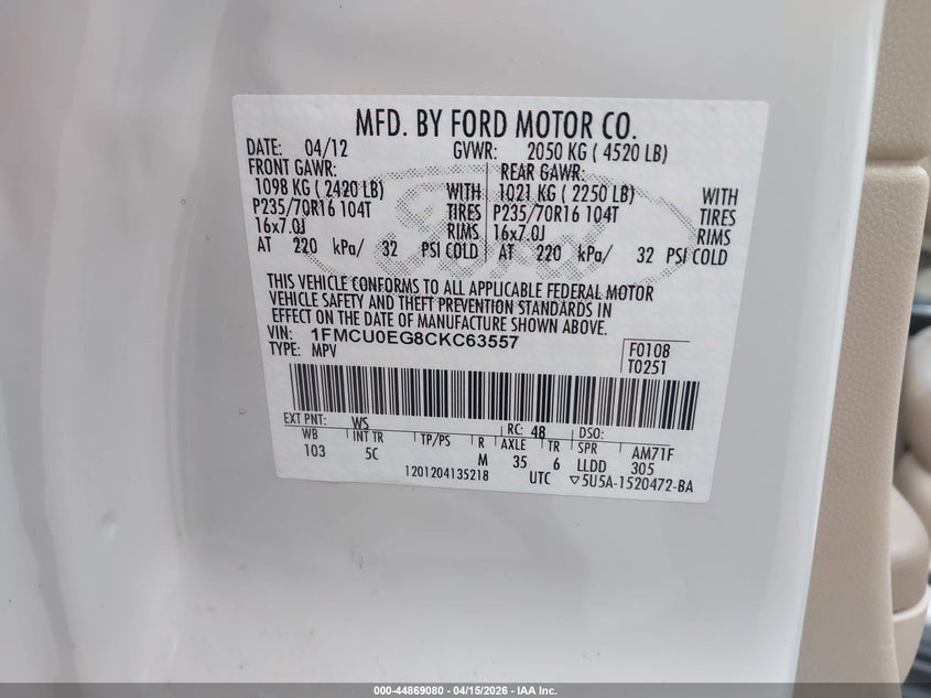 2012 Ford Escape 3.0 Limited white Lot 111044869080 Vin 1FMCU0EG8CKC63557