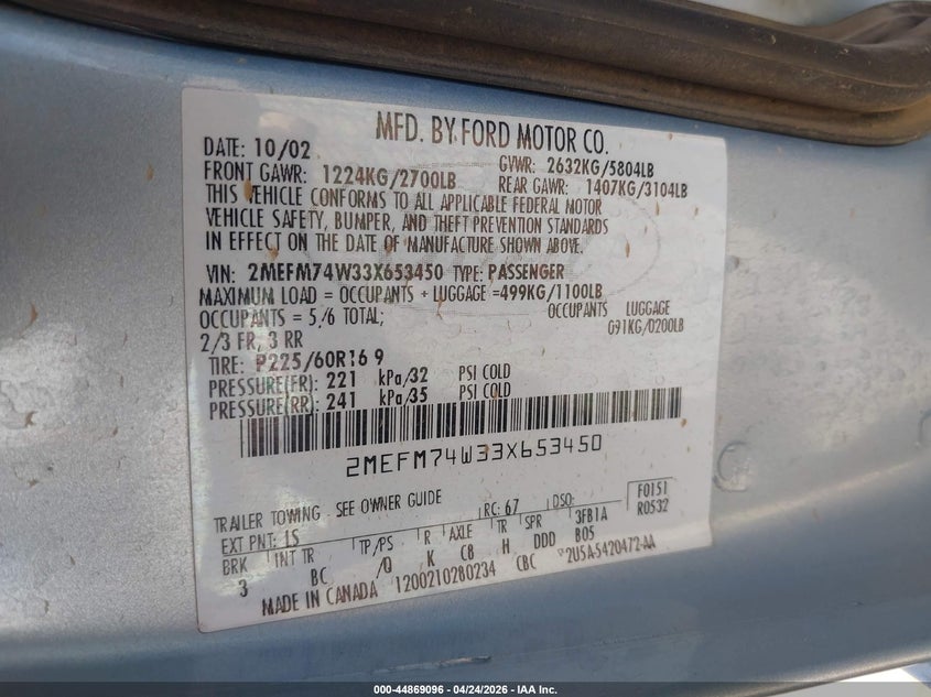 2003 Mercury Grand Marquis Gs VIN: 2MEFM74W33X653450 Lot: 44869096