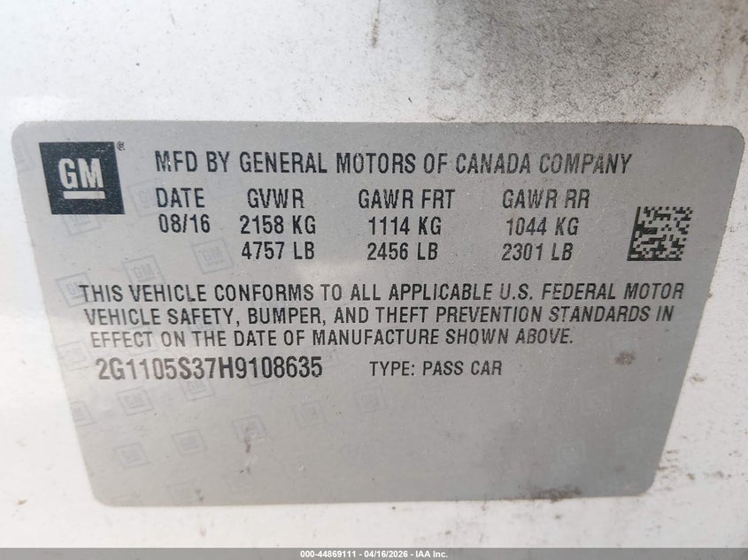 2017 Chevrolet Impala 3.6 1Lt white Lot 111044869111 Vin 2G1105S37H9108635