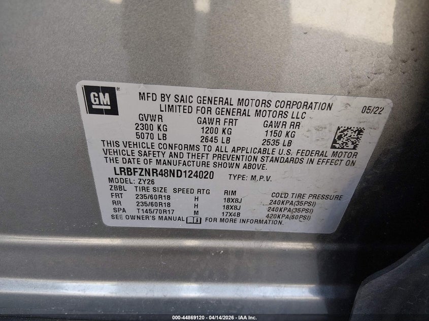 2022 Buick Envision Fwd Essence VIN: LRBFZNR48ND124020 Lot: 44869120