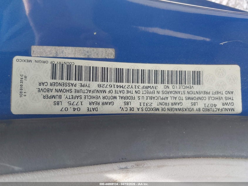 2007 Volkswagen Convertible VIN: 13VWRF31Y27M41672 Lot: 44869134