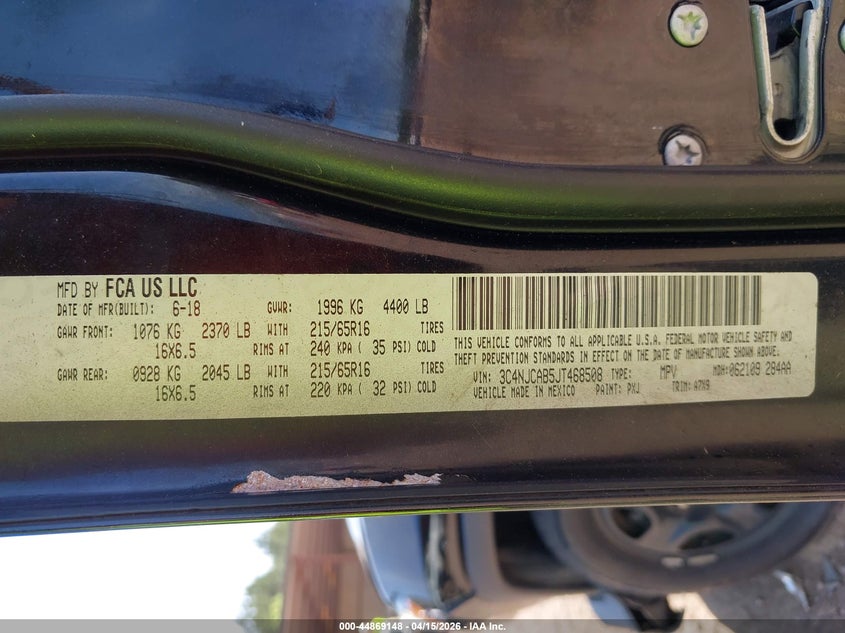 2018 Jeep Compass Sport Fwd VIN: 3C4NJCAB5JT468508 Lot: 44869148