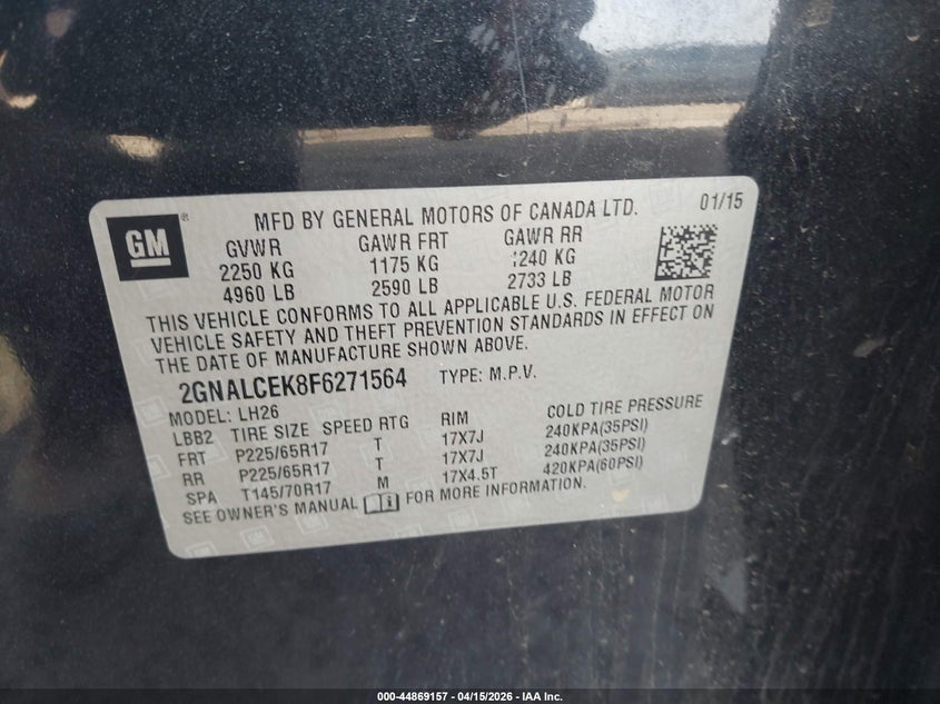 2015 Chevrolet Equinox 2Lt VIN: 2GNALCEK8F6271564 Lot: 44869157