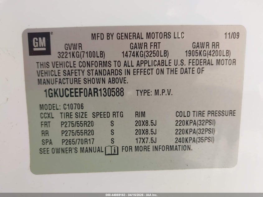 2010 GMC Yukon Denali VIN: 1GKUCEEF0AR130588 Lot: 44869163