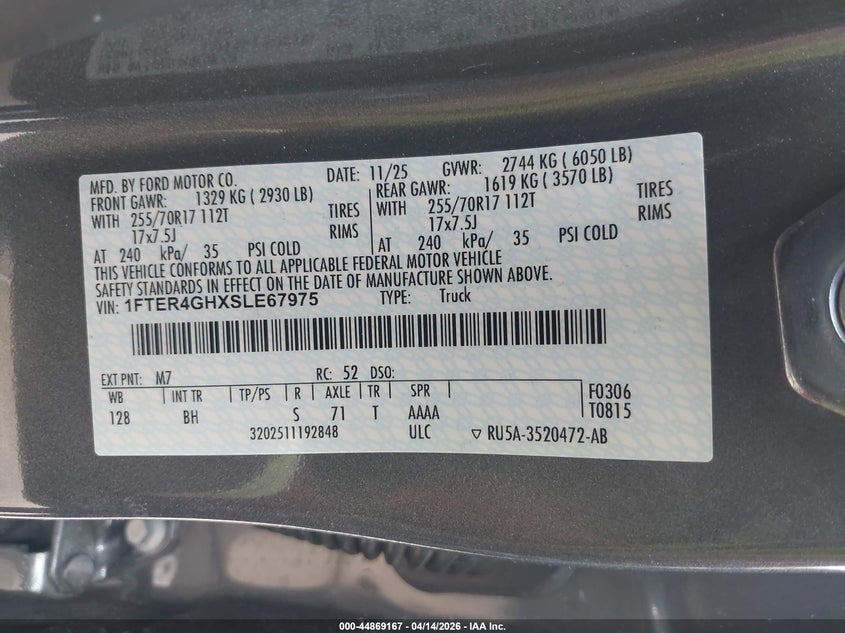 2025 Ford Ranger Xlt VIN: 1FTER4GHXSLE67975 Lot: 44869167