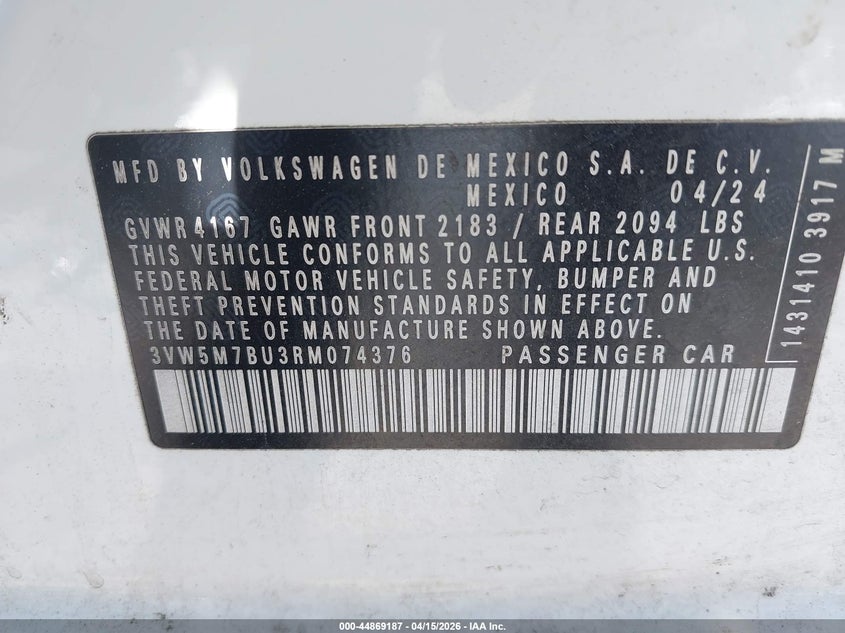 2024 Volkswagen Jetta 1.5T S VIN: 3VW5M7BU3RM074376 Lot: 44869187