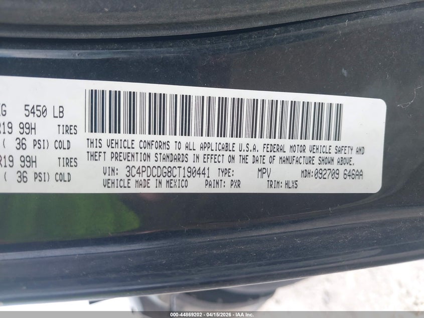 2012 Dodge Journey Crew VIN: 3C4PDCDG8CT190441 Lot: 44869202