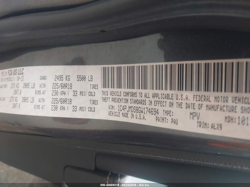 2016 Jeep Cherokee Limited VIN: 1C4PJMDS8GW174694 Lot: 44869216