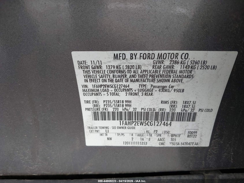 2012 Ford Taurus Sel VIN: 1FAHP2EW5CG127464 Lot: 44869223