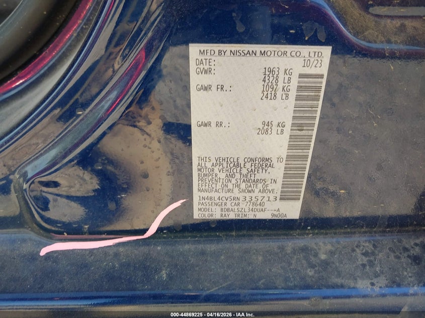 NISSAN ALTIMA 2024 VIN 1N4BL4CV5RN335713
