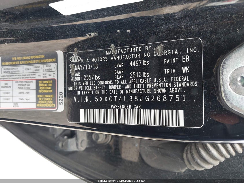 2018 Kia Optima Lx VIN: 5XXGT4L38JG268751 Lot: 44869226