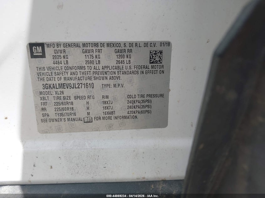 2018 GMC Terrain Sle VIN: 3GKALMEV9JL271610 Lot: 44869234