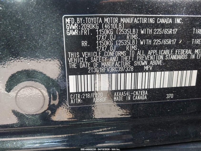 2024 Toyota Rav4 Le VIN: 2T3G1RFV3RC397328 Lot: 44869239