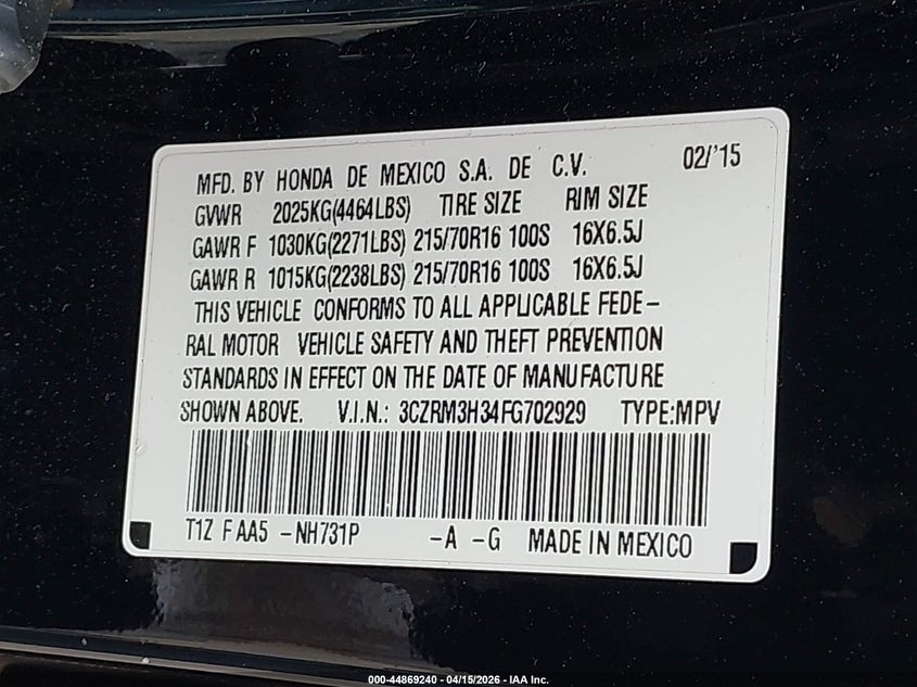 2015 Honda Cr-V Lx VIN: 3CZRM3H34FG702929 Lot: 44869240