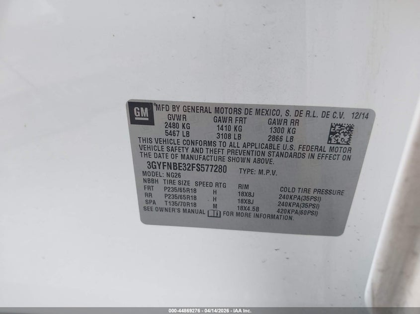 2015 Cadillac Srx Luxury Collection VIN: 3GYFNBE32FS577280 Lot: 44869276