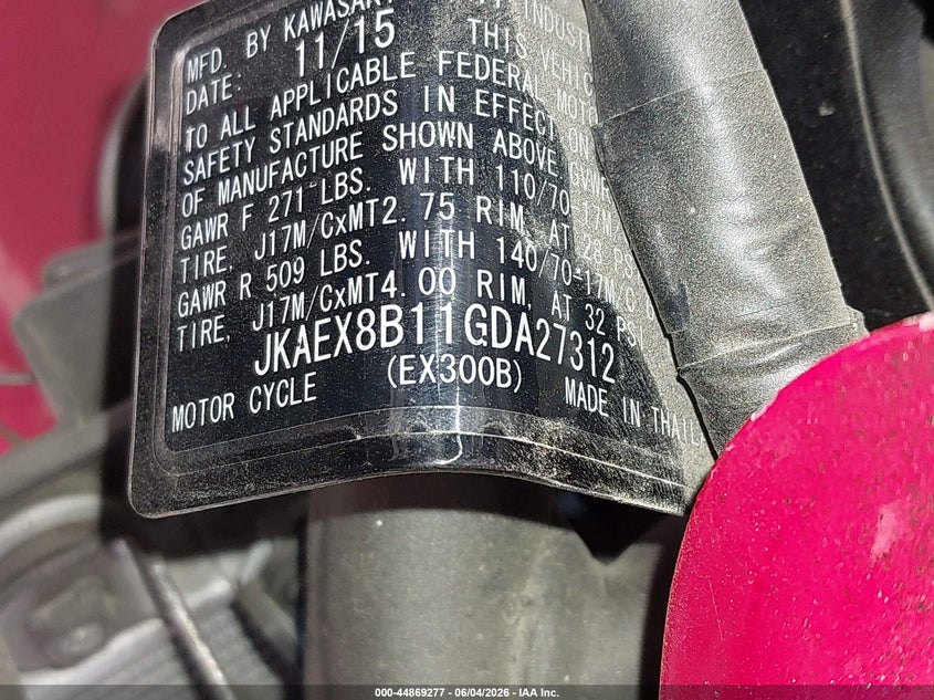 2016 Kawasaki Ex300 B VIN: JKAEX8B11GDA27312 Lot: 44869277