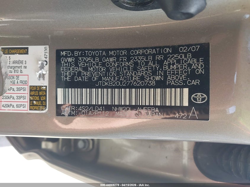 2007 Toyota Prius VIN: JTDKB20U277620738 Lot: 44869278