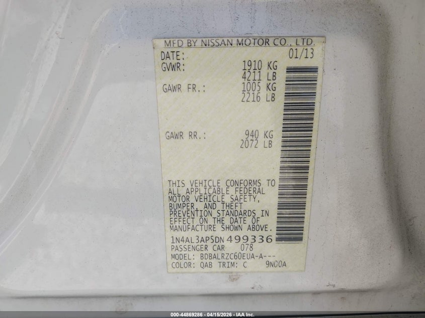 2013 Nissan Altima 2.5 S VIN: 1N4AL3AP5DN499336 Lot: 44869286