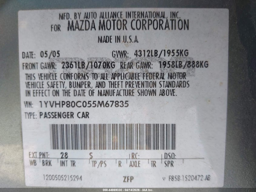 2005 Mazda Mazda6 I Base VIN: 1YVHP80C055M67835 Lot: 44869330