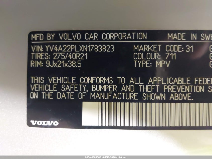 2022 Volvo Xc90 T6 Inscription 7 Passenger VIN: YV4A22PLXN1783823 Lot: 44869363