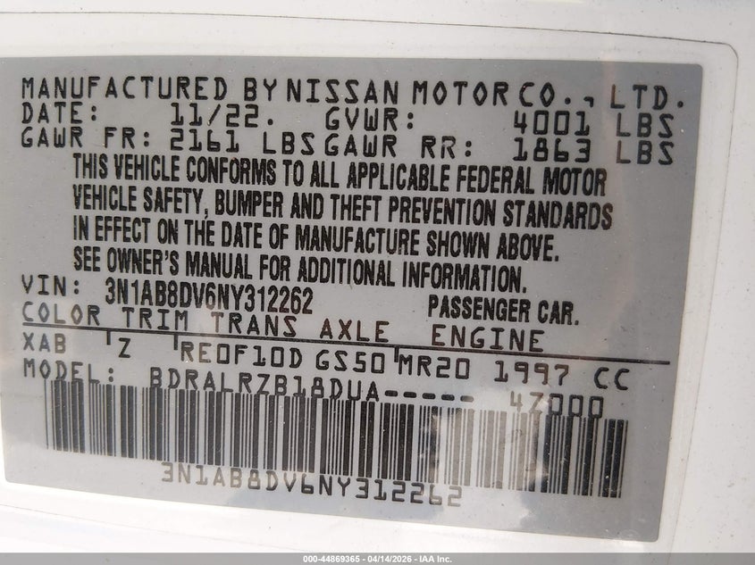 2022 Nissan Sentra Sr Xtronic Cvt VIN: 3N1AB8DV6NY312262 Lot: 44869365