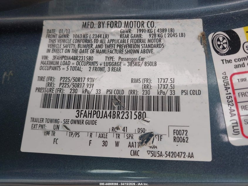 2011 Ford Fusion Sel VIN: 3FAHP0JA4BR231580 Lot: 44869366