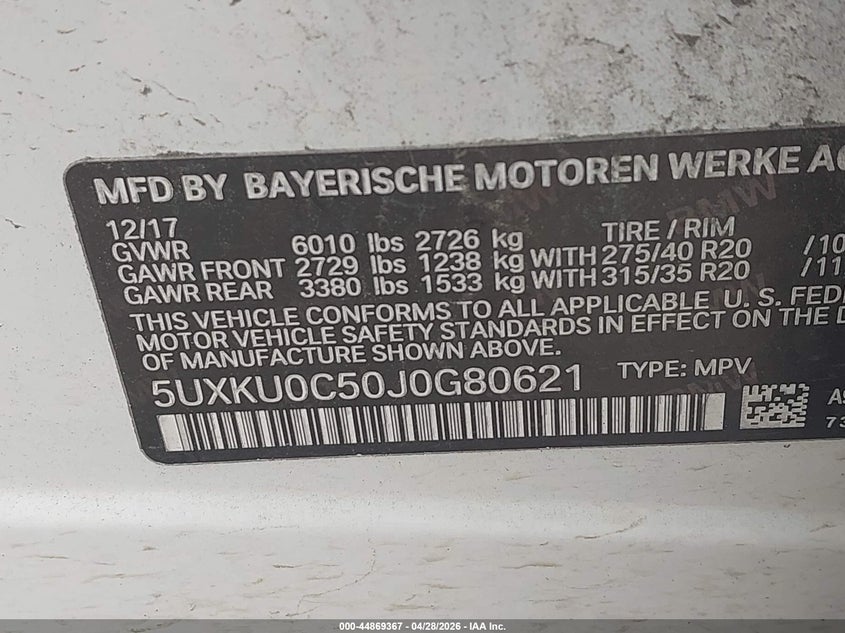 2018 BMW X6 Sdrive35I VIN: 5UXKU0C50J0G80621 Lot: 44869367