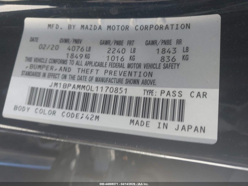2020 Mazda Mazda3 Preferred Package VIN: JM1BPAMM0L1170851 Lot: 44869371