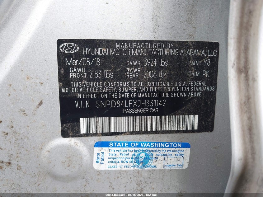 VIN 5NPD84LFXJH331142 2018 HYUNDAI ELANTRA SEL