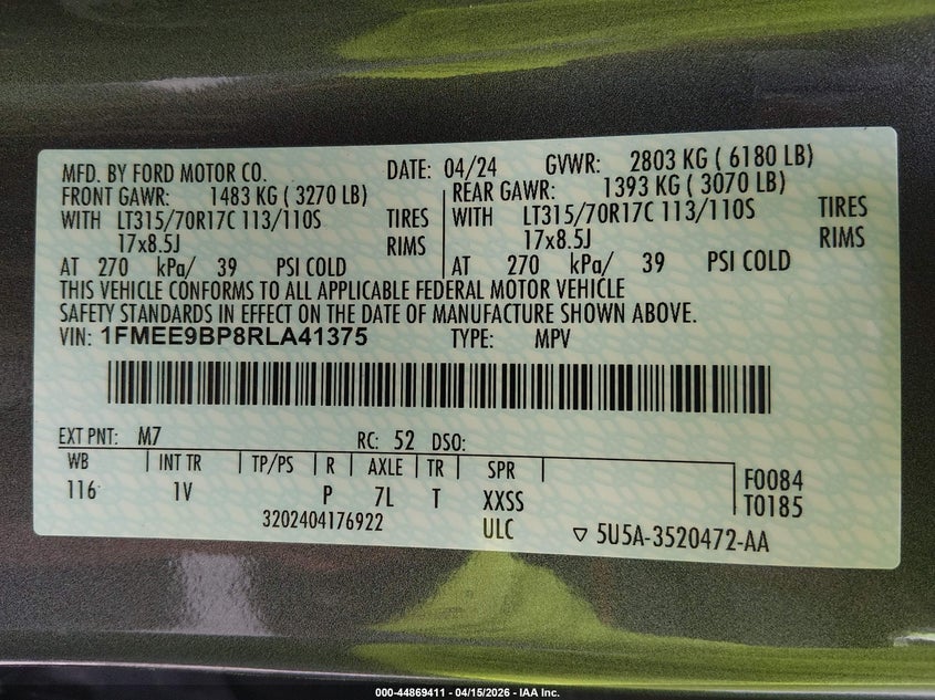 2024 Ford Bronco Badlands VIN: 1FMEE9BP8RLA41375 Lot: 44869411