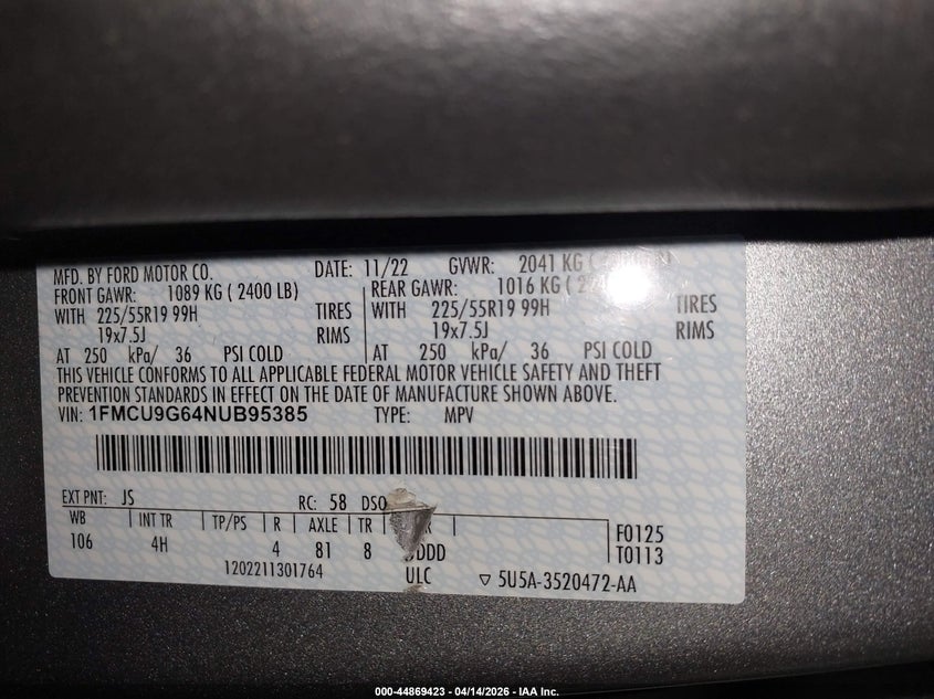 2022 Ford Escape Se VIN: 1FMCU9G64NUB95385 Lot: 44869423