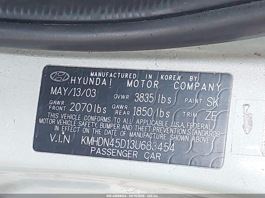 2003 Hyundai Elantra Gls/Gt VIN: KMHDN45D13U683454 Lot: 44869424