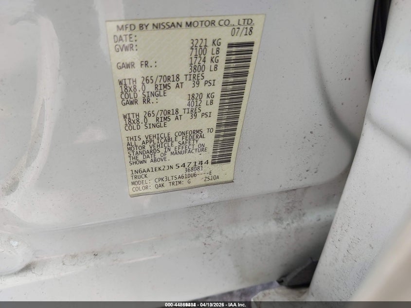 2018 Nissan Titan Sv VIN: 1N6AA1EK2JN547144 Lot: 44869434