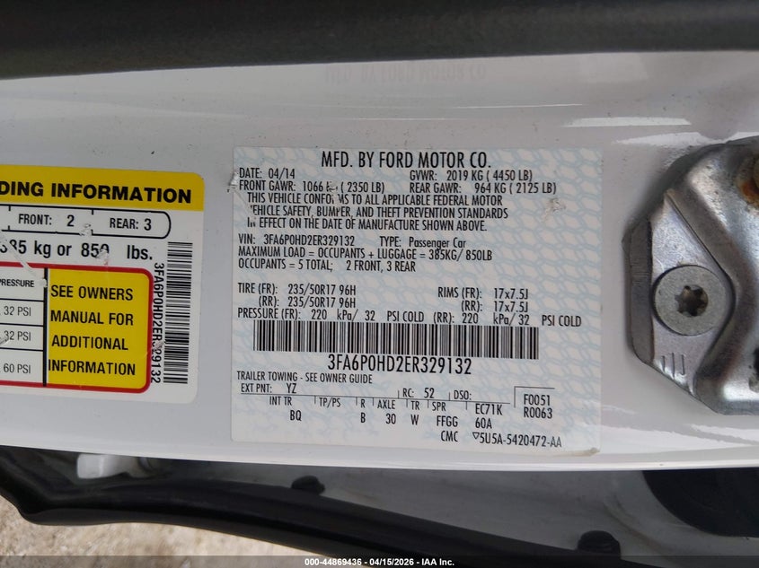 2014 Ford Fusion Se VIN: 3FA6P0HD2ER329132 Lot: 44869436