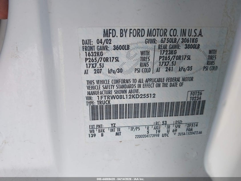 2002 Ford F-150 Lariat/Xlt VIN: 1FTRW08L12KD25512 Lot: 44869439