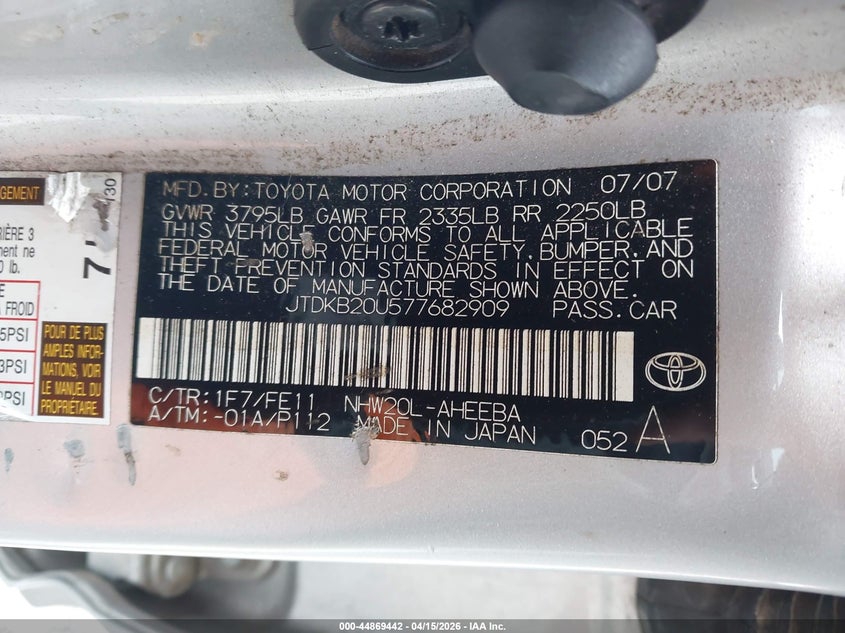 2007 Toyota Prius VIN: JTDKB20U577682909 Lot: 44869442