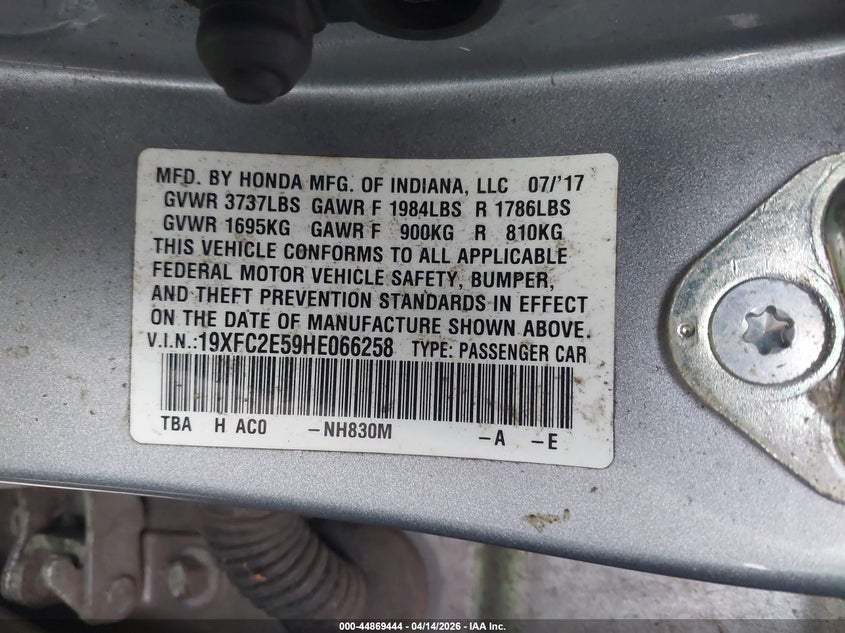2017 Honda Civic 2.0 Lx silver Lot 111044869444 Vin 19XFC2E59HE066258