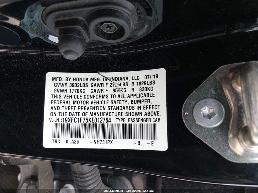 2019 Honda Civic Ex-L VIN: 19XFC1F75KE012764 Lot: 44869453