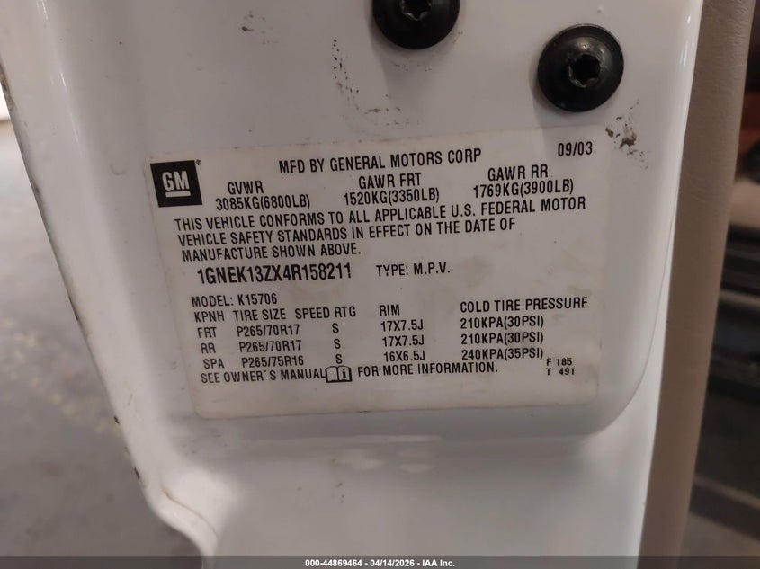 2004 Chevrolet Tahoe Z71 VIN: 1GNEK13ZX4R158211 Lot: 44869464