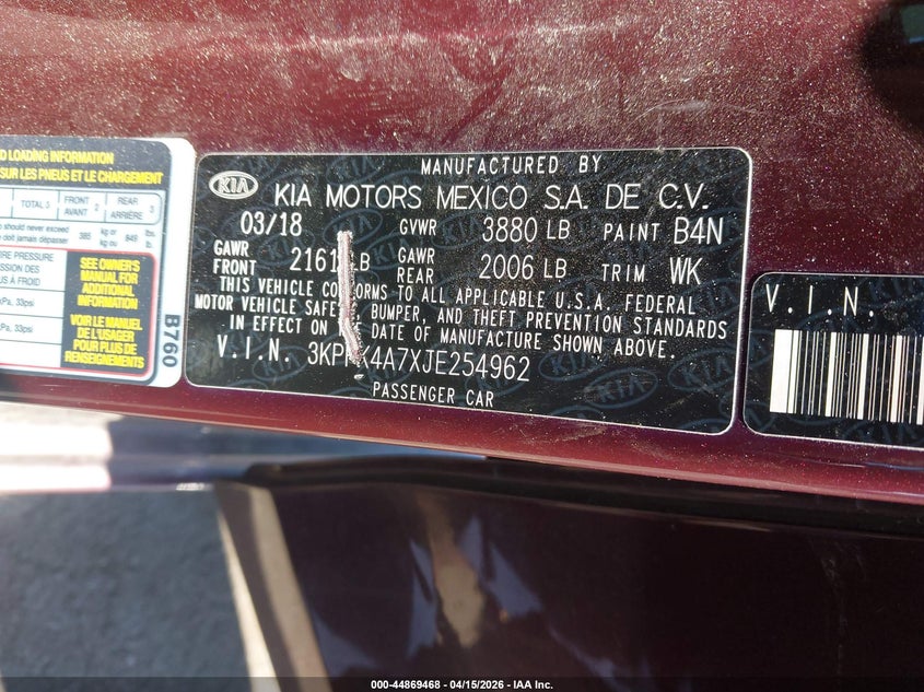 2018 Kia Forte Lx VIN: 3KPFK4A7XJE254962 Lot: 44869468