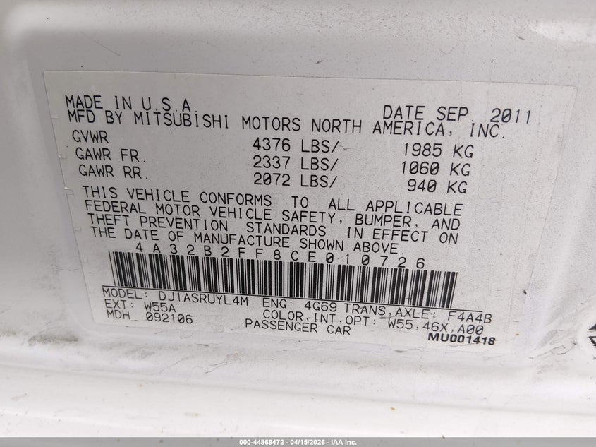 2012 Mitsubishi Galant Fe VIN: 4A32B2FF8CE010726 Lot: 44869472