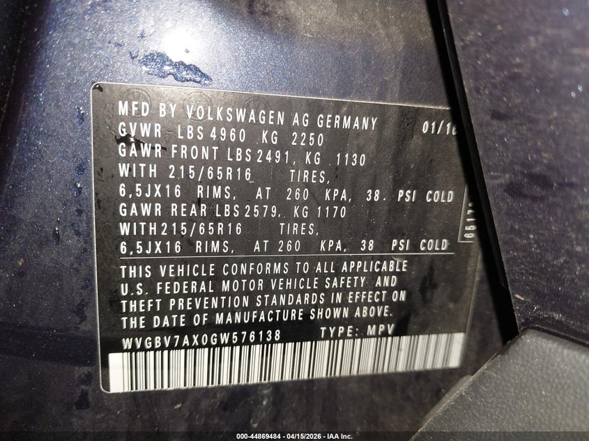 2016 Volkswagen Tiguan S VIN: WVGBV7AX0GW576138 Lot: 44869484