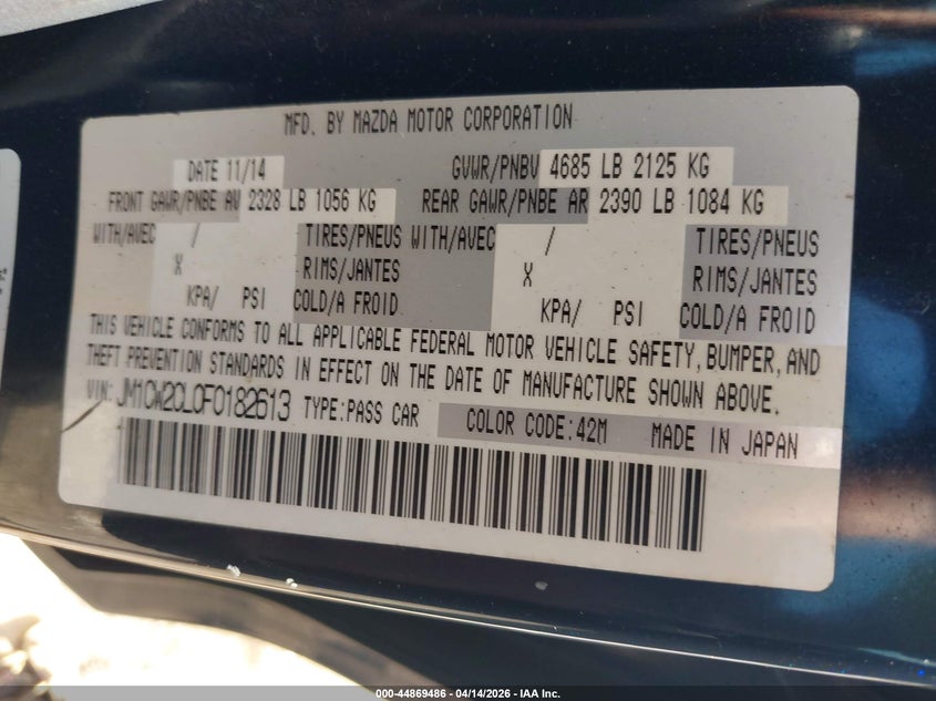 2015 Mazda Mazda5 Touring VIN: JM1CW2CL0F0182613 Lot: 44869486