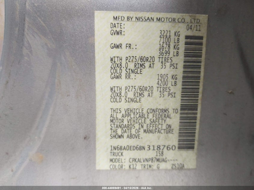 2011 Nissan Titan Sl VIN: 1N6BA0ED6BN318760 Lot: 44869491