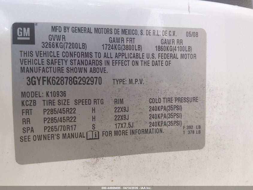 2008 Cadillac Escalade Ext Standard VIN: 3GYFK62878G292970 Lot: 44869495