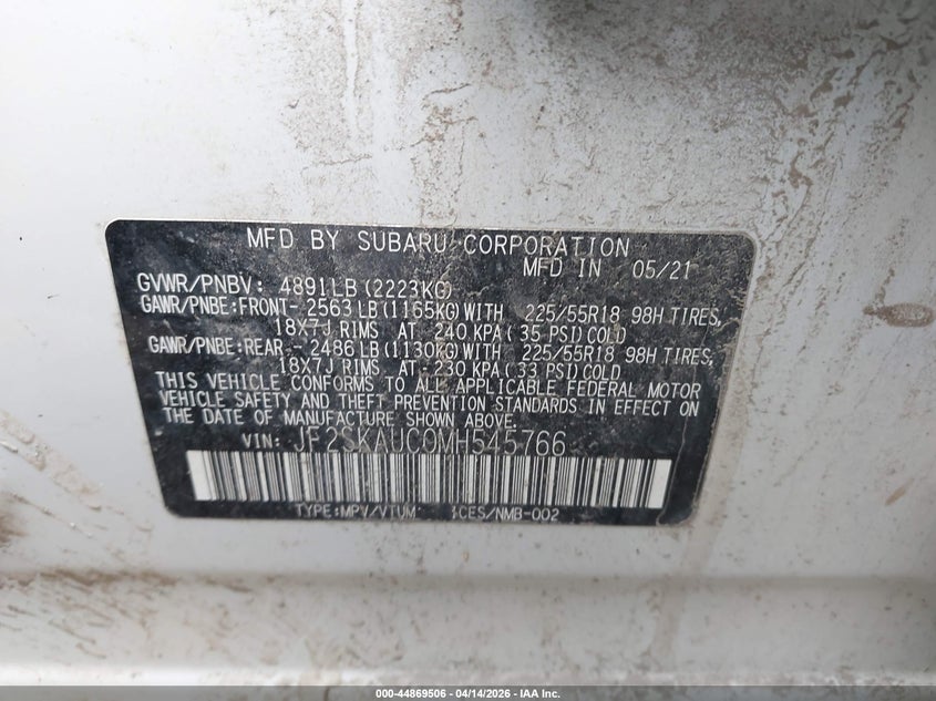 2021 Subaru Forester Limited VIN: JF2SKAUC0MH545766 Lot: 44869506
