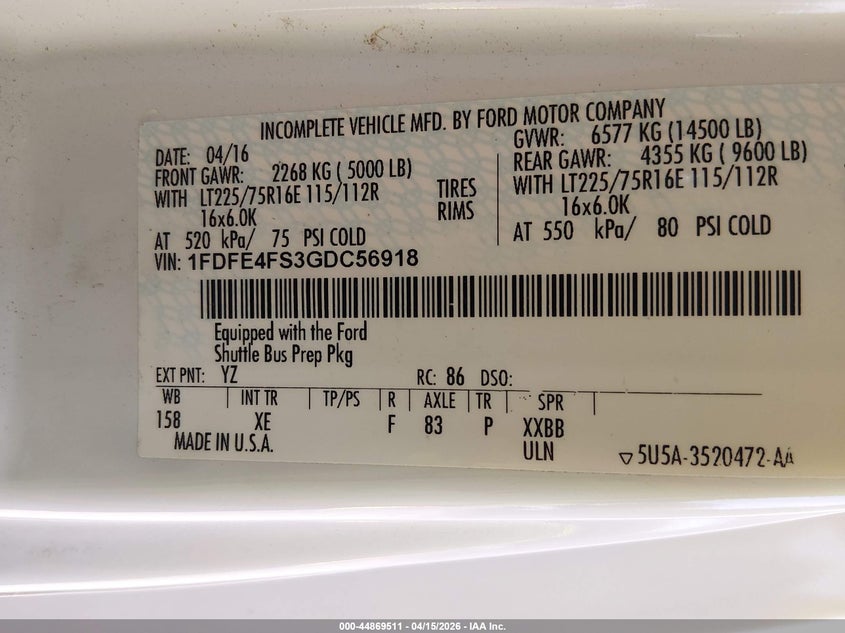 2016 Ford E-450 Cutaway VIN: 1FDFE4FS3GDC56918 Lot: 44869511