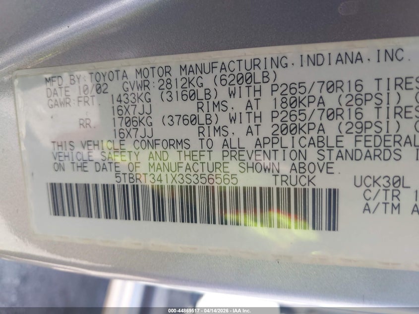 2003 Toyota Tundra Sr5 V8 VIN: 5TBRT341X3S356565 Lot: 44869517