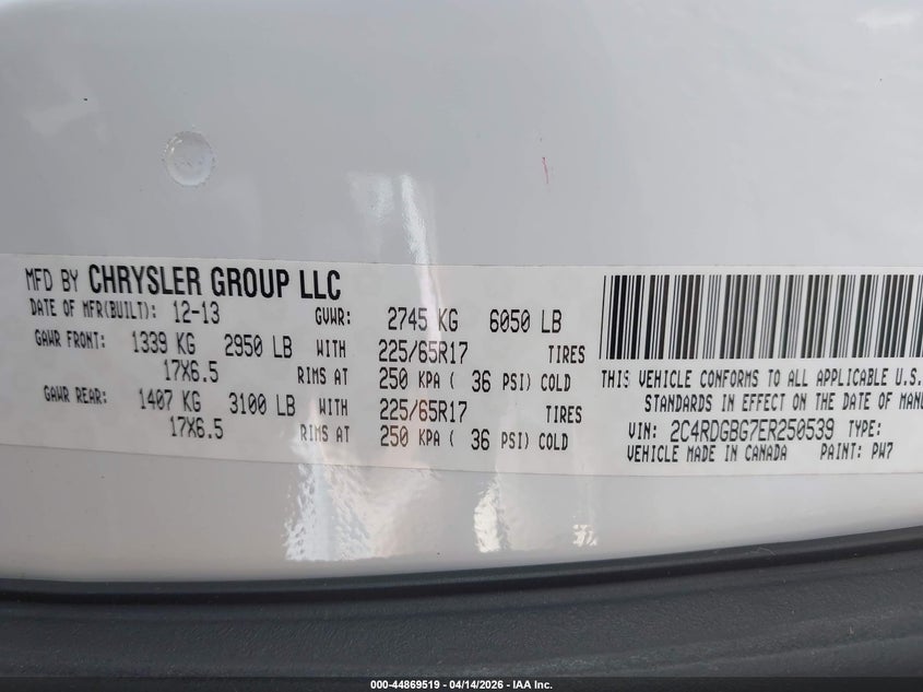 2014 Dodge Caravan 3.6 Grand American Value Pkg white Lot 111044869519 Vin 2C4RDGBG7ER250539